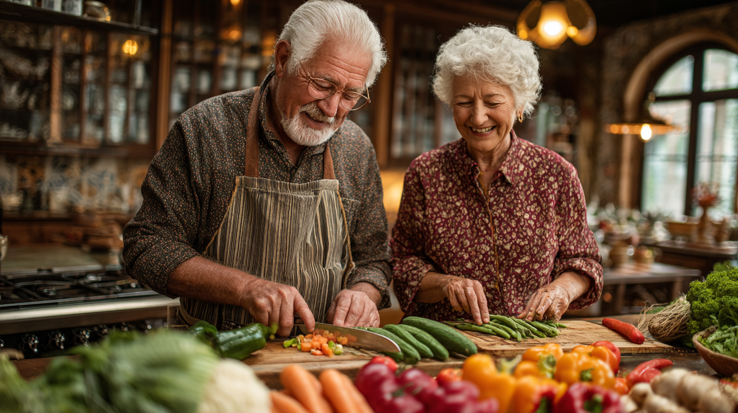 Senior fericit savurând o masă sănătoasă în bucătărie